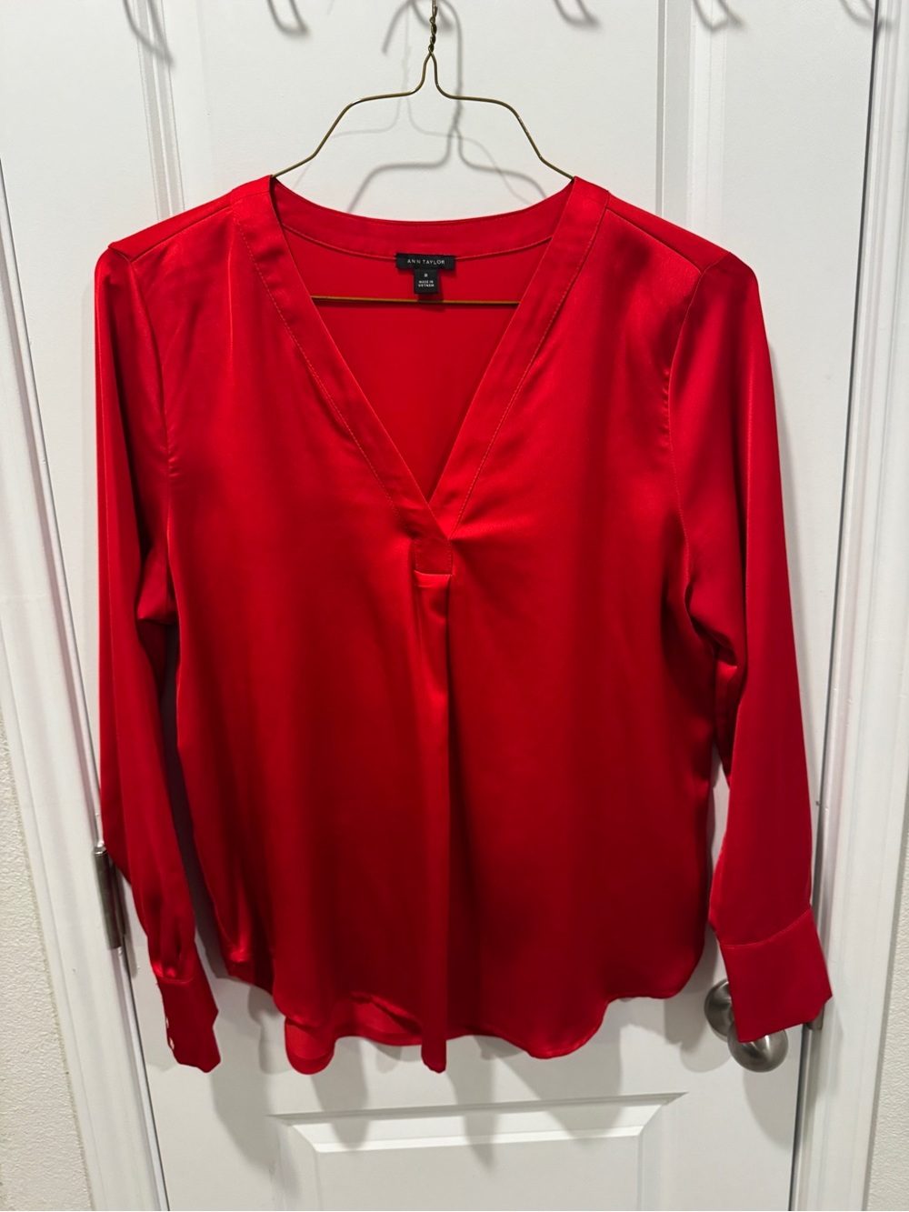 Ann Taylor Bright Red Satin V-Neck Blouse